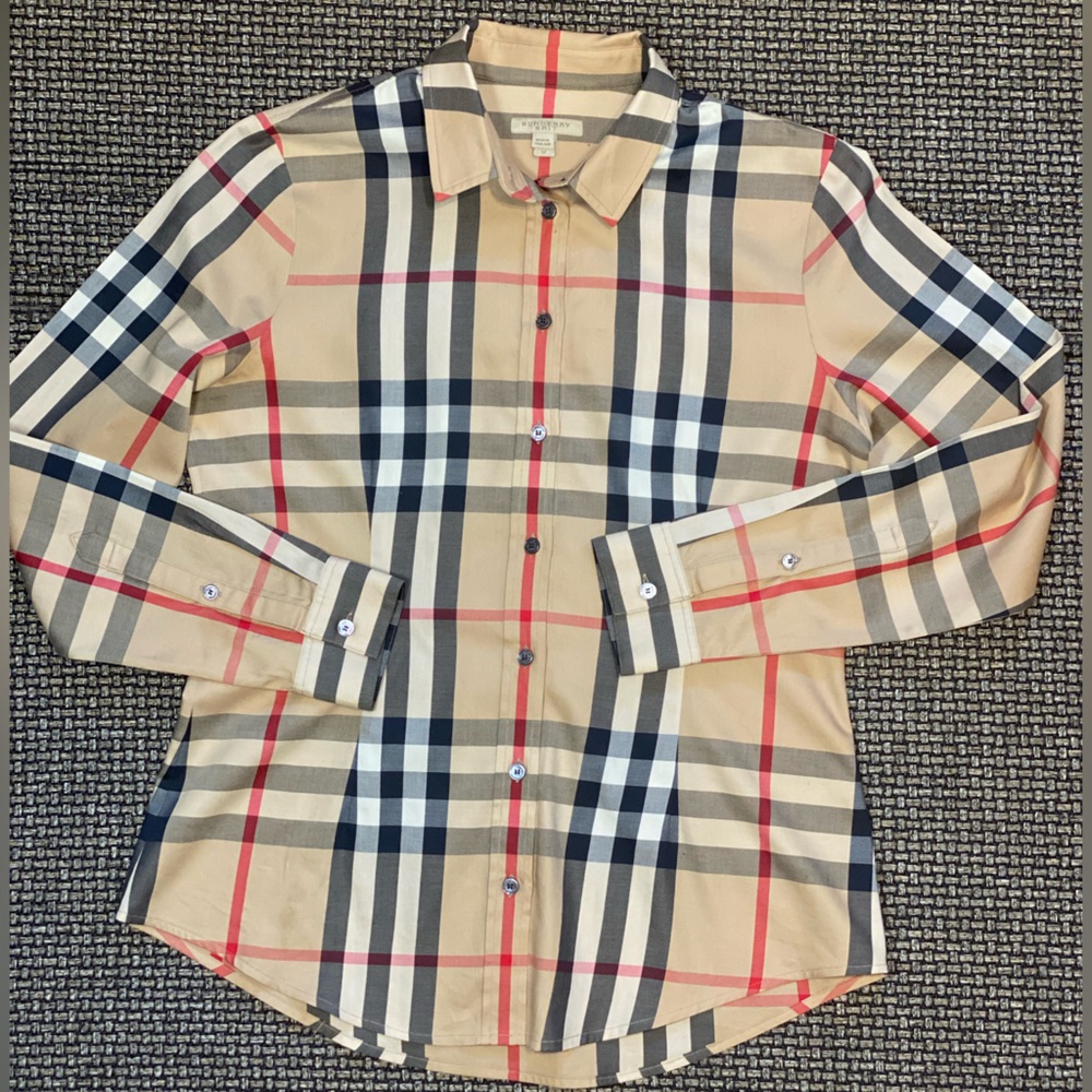 Burberry Classic Beige Plaid Button-Down Shirt with Black & Red Accents